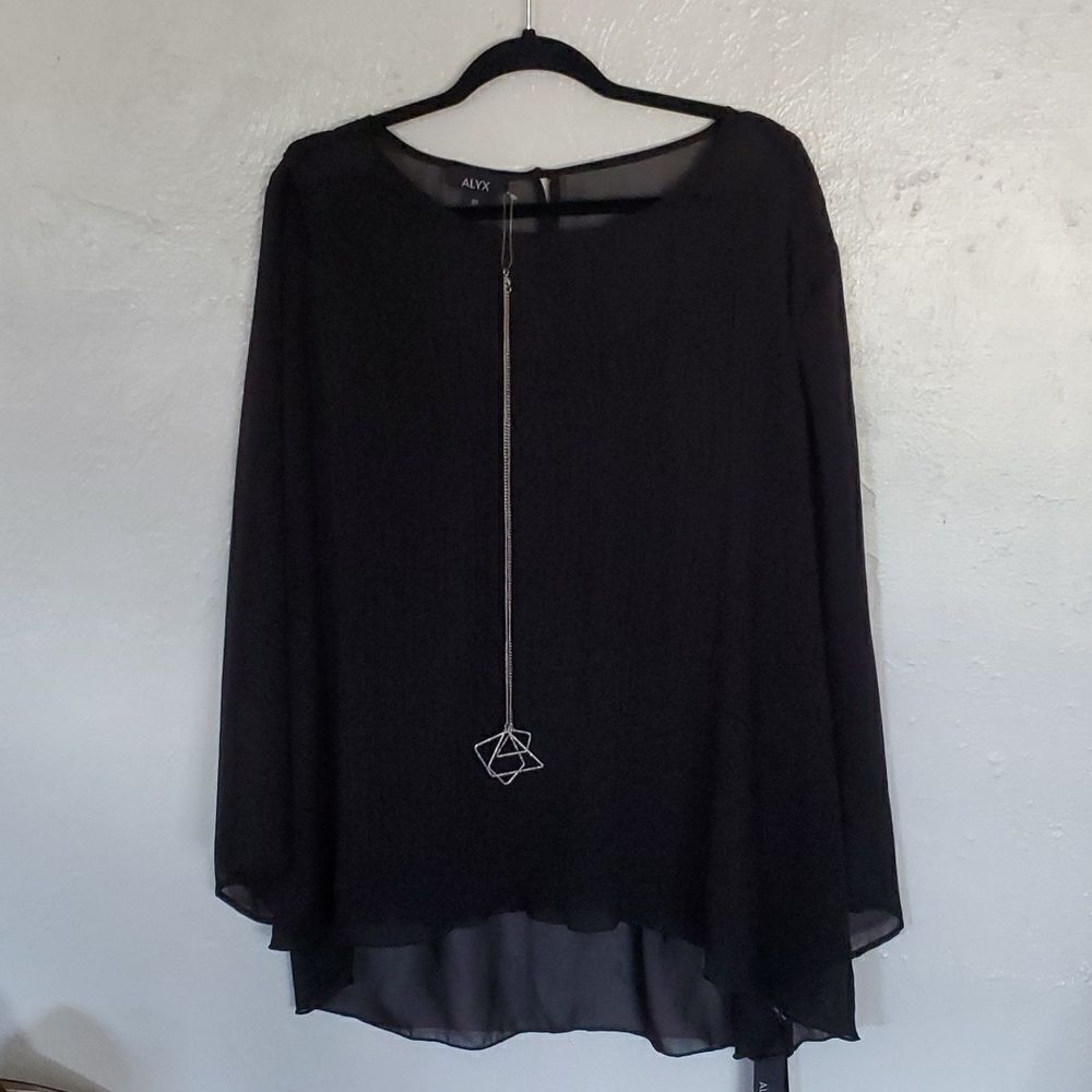 ALTX Textured Blouse wirh Sheer Sleeves & Necklance in Black Size 3X